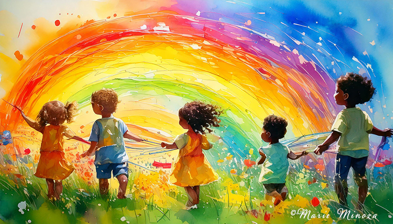 © Marie MINOZA, Les enfants tressent des arcs-en-ciel et sèment leurs prières pour un monde de pais et d'amour. y